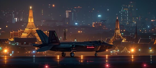 Naklejka premium F35 Jet Night Takeoff at Bangkoks Grand Palace and Eiffel Tower Backdrop