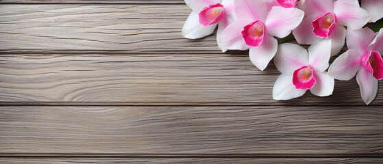 Fototapeta na wymiar Beautiful Blooming pink Orchid flower on a flat wooden table with empty space for text created with Generative AI Technology 