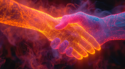 Two wire-frame glowing hands, handshake, technology, business, trust concept - obrazy, fototapety, plakaty