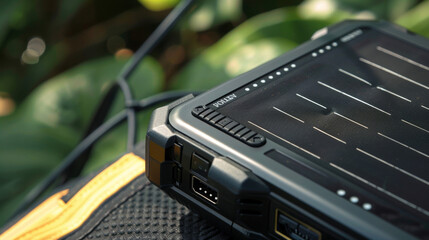 A closeup of the charging port on a solarpowered battery charger with a small panel of solar cells.