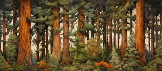 A painting depicting a dense forest filled with numerous pine trees. The trees feature thick...