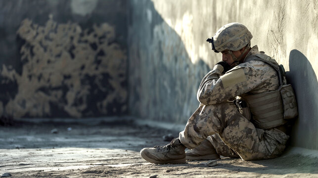 Depressed military man sitting behind a wall. Soldiers suffering from post-traumatic stress