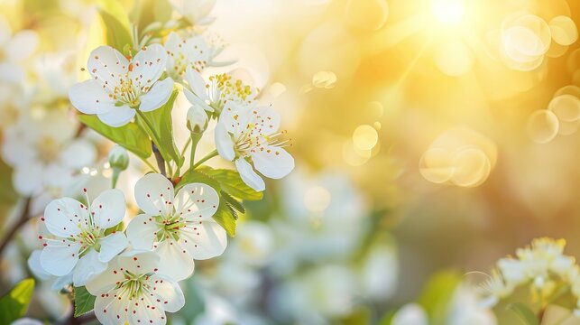 Close up of beautiful white flowers of fruit tree against blurred background on sunny spring day, selective focus. Spring background with fruits tree blooming.,generative ai, 