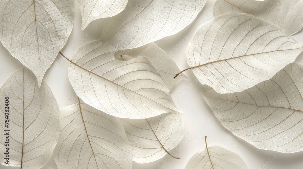 Poster ethereal white tree leaf skeleton texture background with shining transparency and intricate details