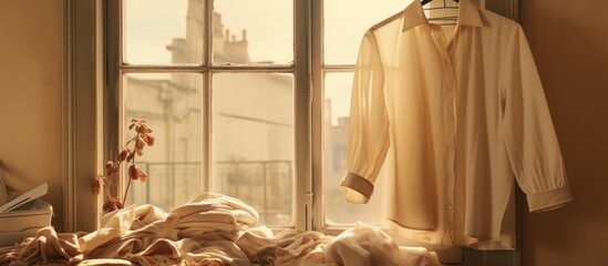 A beige shirt is hanging on a clothes rack positioned next to a window. The shirt is neatly displayed, illuminated by the natural light coming through the window.