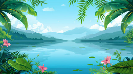 Landscape Lake View With Tropical Ivy Plants and Mountain Range in Background Cartoon 