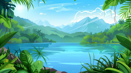 Fototapeta na wymiar Landscape Lake View With Tropical Ivy Plants and Mountain Range in Background Cartoon 