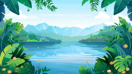 Landscape Lake View With Tropical Ivy Plants and Mountain Range in Background Cartoon 