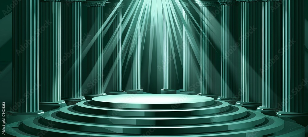 Poster dark green podium stage with spotlight for product display in empty studio setting