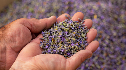 A hand holding a handful of dried lavender flowers a popular ingredient in Chinese remedies for promoting relaxation and relieving stress.