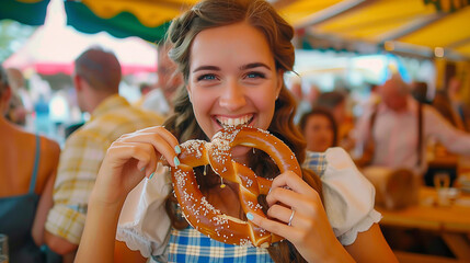Beautiful woman wearing a Dirndl and eating a pretzel at Oktoberfest.