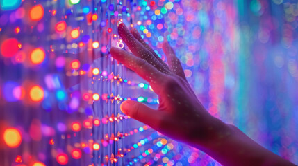 A persons hand is seen reaching out to touch a wall covered in colorful responsive lights in an interactive sound installation. The lights change color and emit soft musical - obrazy, fototapety, plakaty