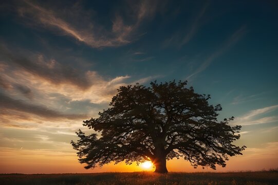tree at sunset HD 8K wallpaper Stock Photographic Image Generative AI