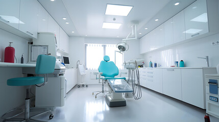 Fototapeta na wymiar A white and bright empty dental office with a blue chair. The room is well cleaned modern.