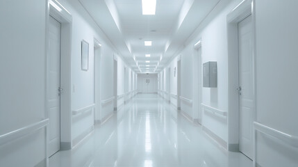 A long hallway in a hospital with white walls and a white floor. The hallway is empty and has no people.
