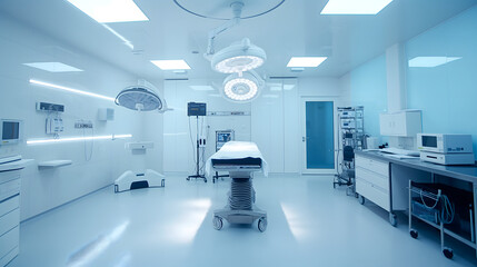 An operation room with a large surgical bed with white sheets. The room is clean and sterile, with a bright light overhead. Scene is serious and professional. Blue color tone.