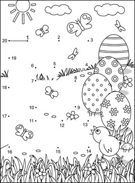 Easter letter E dot-to-dot activity and coloring page with painted eggs. E is for Easter. E is for eggs.
