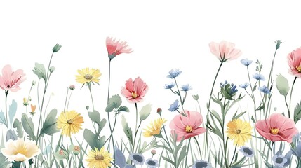 flowers of bell, maiden pink, daisy and meadow buttercup at white background, floral composition, hand drawn botanical illustration,generative ai,  - obrazy, fototapety, plakaty