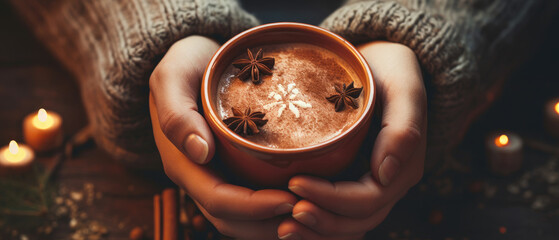 woman's hand holds a ceramic glass filled with hot chocolate and around it are spices for her drink created with Generative AI Technology - obrazy, fototapety, plakaty