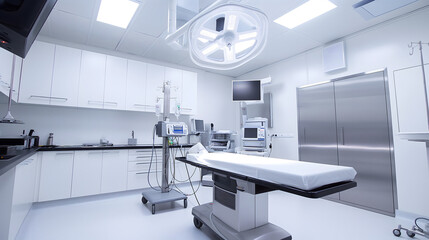 An operation room with a large surgical bed with white sheets. The room is clean and sterile, with a bright light overhead. Scene is serious and professional.