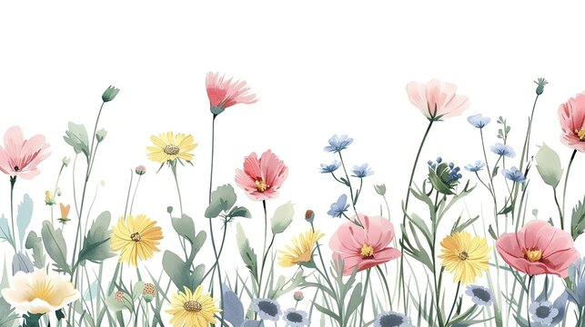flowers of bell, maiden pink, daisy and meadow buttercup at white background, floral composition, hand drawn botanical illustration,generative ai, 