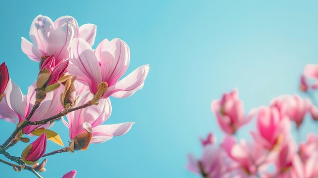 Flowers of pink Magnolia on blue sky background. Magnolia flowers in spring with blue sky background and with buds. International Womens or Women day concept. Best picture for banners and cards.