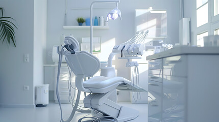 A white and bright empty dental office with a blue chair. The room is well cleaned modern.