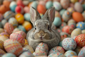 Fototapeta na wymiar A rabbit is sitting in a pile of colorful Easter eggs