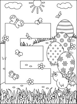 Easter letter E coloring page with painted eggs. E is for Easter. E is for eggs.
