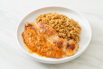 grilled chicken steak with red curry sauce and rice