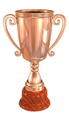 Golden trophy cup isolated on a gray background. 3d rendering