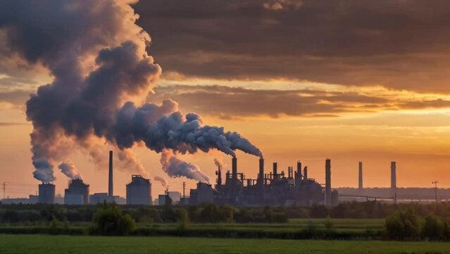 smoke from the chimney at the sunset, busy factory, air pollution 
