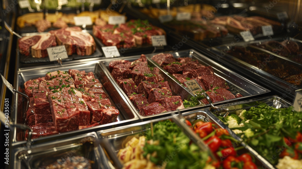 Poster an assortment of visually appealing fresh s of beef chicken and pork carefully arranged and labeled 