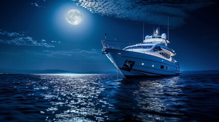 A sophisticated yacht sails through calm waters under a full moon, reflecting a serene path of moonlight across the ocean.