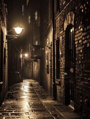 An antique lantern casts a warm glow on wet cobblestones in a narrow alleyway, evoking a feeling of history and mystery in the city at night.