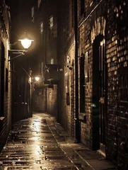 Papier Peint photo autocollant Ruelle étroite An antique lantern casts a warm glow on wet cobblestones in a narrow alleyway, evoking a feeling of history and mystery in the city at night.