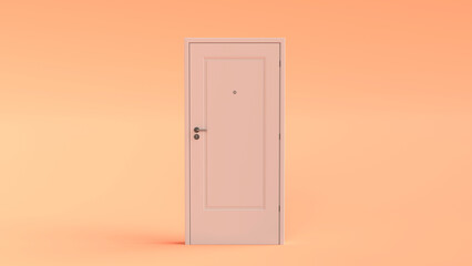 Closed white door. Peach Fuzz background color. 3D rendering