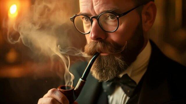 A man pretends to smoke a pipe in a tuxedo.