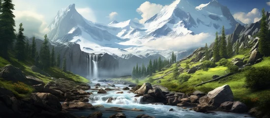 Fotobehang A painting depicting a mountainous landscape with a flowing stream cutting through the foreground. The scene includes rocky peaks, lush greenery, and a clear blue sky. © 2rogan