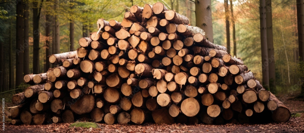 Poster a cluster of chopped timber logs is stacked neatly in the midst of a dense forest, ready for use as 