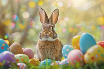 Fototapeta na wymiar A rabbit is standing in a field of Easter eggs