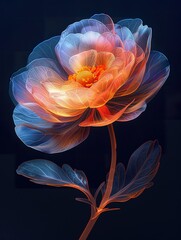 a beautiful ranunculus flower, light petals, iridescent opalescent colours, dark background