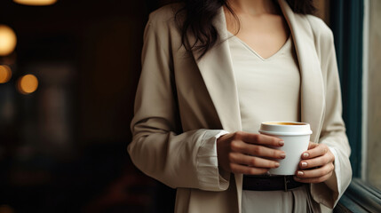 Woman's hand holding a mug cup of white cappuccino coffee in hand on a plain background created with Generative AI Technology