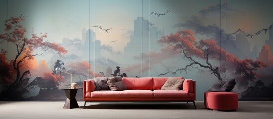 A red couch placed in front of a painting hanging on the wall. The vibrant couch contrasts with the artwork, creating a focal point in the room.