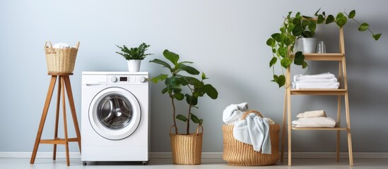 A modern laundry room featuring a washer and dryer set positioned against a light-colored wall. A houseplant sits on a stepladder nearby, adding a touch of green to the space.