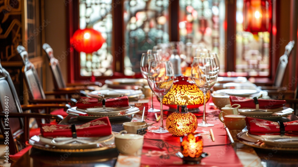 Poster the table is adorned with red and gold table runners representing happiness and wealth while intrica