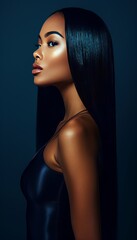 Fototapeta premium Chic brunette woman with long shiny hair on dark background beauty and hair care concept