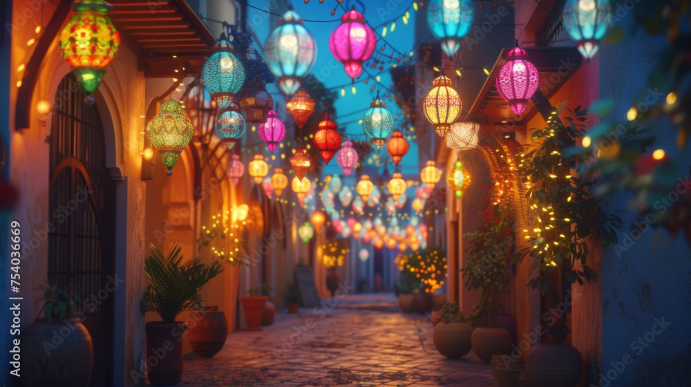 Poster a colorful array of lanterns and lights illuminating the streets and homes during the holy month of 