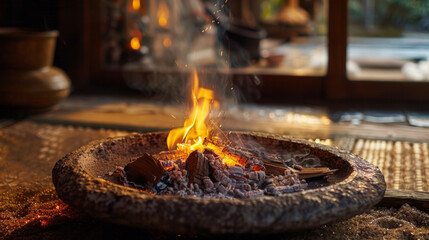 A small fire pit in the corner its glowing embers casting a warm light across the room. The crackling sound of burning wood mingles with the soft chanting of the shaman.