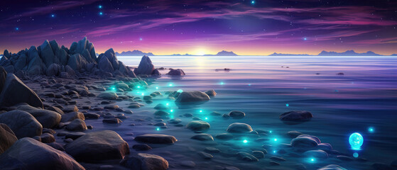 Night view of the starry sea From the coast to the horizon there is a straight path illuminated by beautiful rocks sparkling in gold, blue, purple, emerald colors created with Generative AI Technology